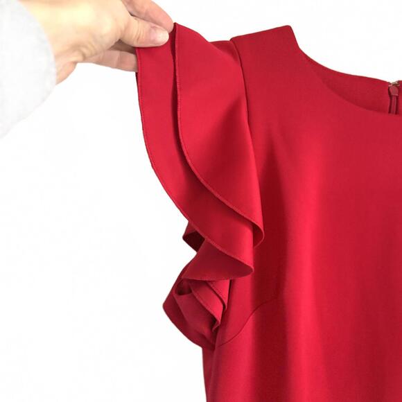 Tommy Hilfiger | Women’s Red Scuba Flutter Ruffle Cap Sleeve Sheath Dress Size 8 - Picture 3 of 9